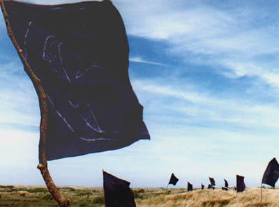 detail of an installation of batiked flags by Sonja van Kerkhoff