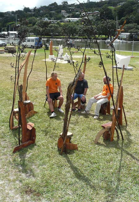 Land Art or a Site specific outdoor sculpture made out of recycled Pohutukawa and Oak by Sen McGlinn + Sonja van Kerkhoff at the 2016 Whangarei Sculpture Symposium