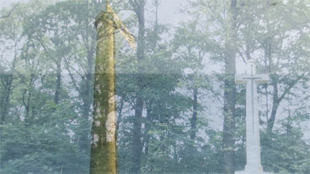 Still of video by Sonja van Kerkhoff showing a dutch beehive pole, a Belgium forest and an English view of the north sea