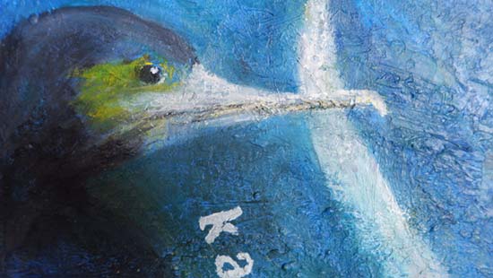 Detail showing the shag / kawau, acrylic on canvas and other materials by Sonja van Kerkhoff