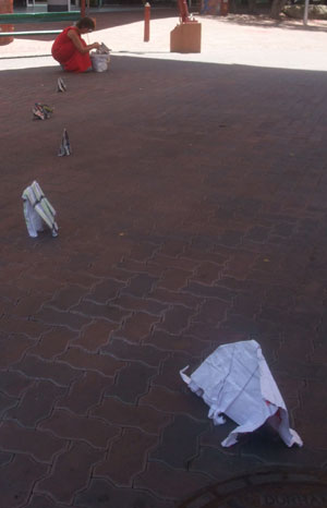 Sonja herds elephants in Todd mall, Alice Springs.