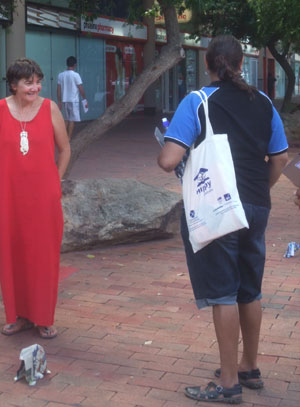 Sonja herds elephants in Todd mall, Alice Springs.