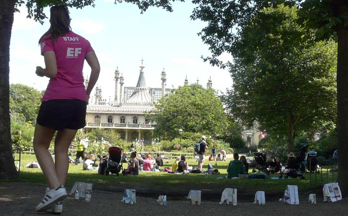 Sonja herds elephants along Pavilion Gardens, Brighton