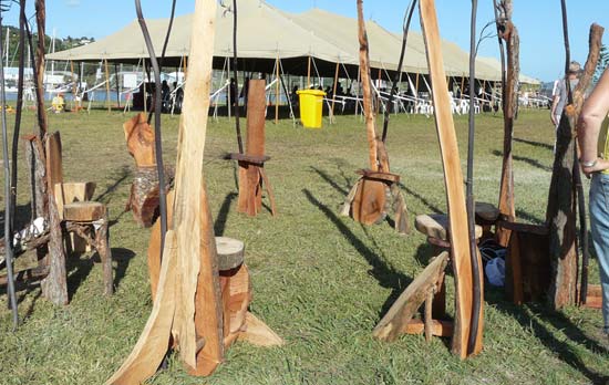 outdoor sculpture made out of recycled Pohutukawa and Oak by Sen McGlinn + Sonja van Kerkhoff at the 2016 Whangarei Sculpture Symposium