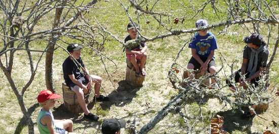 Land Art or a Site specific outdoor sculpture made out of firewood and dead trees by Sen McGlinn + Sonja van Kerkhoff at the 2013 Tahora High-country International Sculpture. Marco primary school about 30km west of here came to visit as an after school activity.